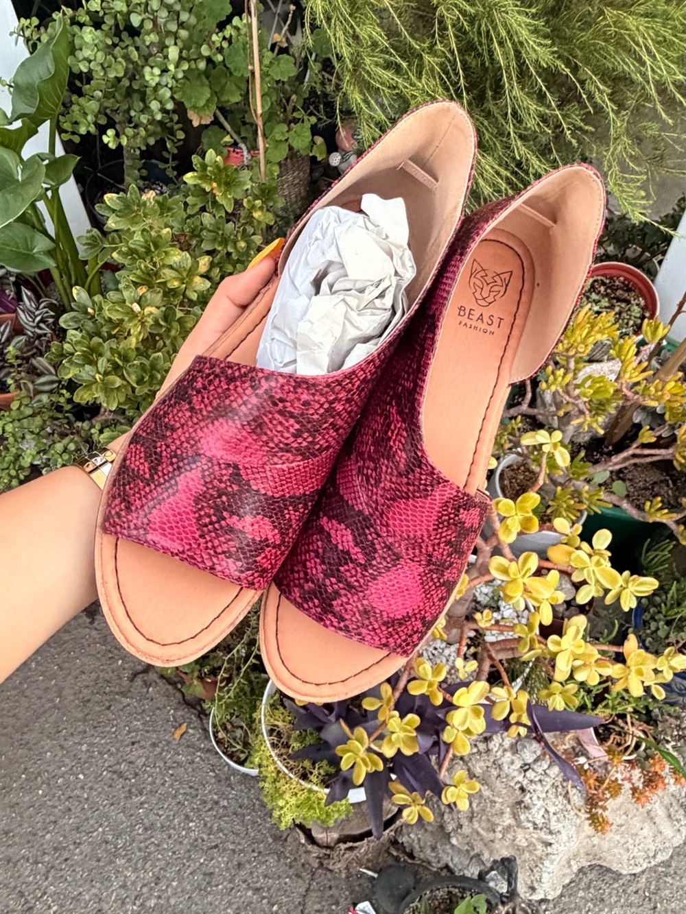 BEAST FASHION Pink Snake-Print Slide Sandals with Tan Footbed